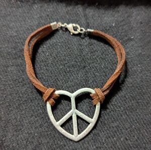 Silver Tone Peace Sign Brown Suede Cord Statement Bracelet